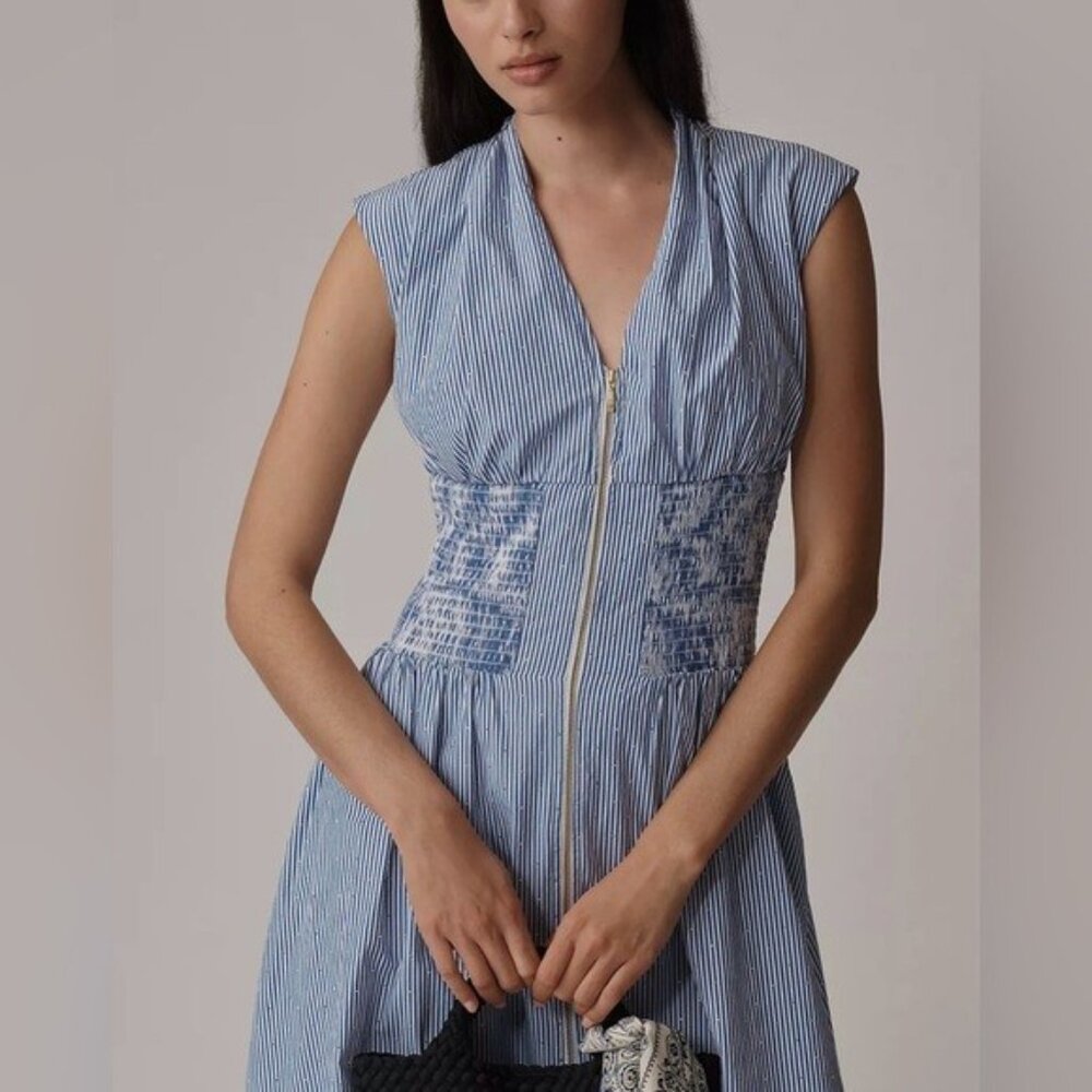 Anthropologie Blue and White Striped Zip-Front Midi Dress